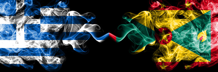 Greece vs Grenada smoky mystic flags placed side by side. Thick colored silky abstract smoke flags.