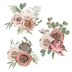 Vintage floral set for wedding card. Greeting composition with rose, peony,  eucalyptus branch, leaves and cactus on white background. Vector illustration. Blossom bouquets