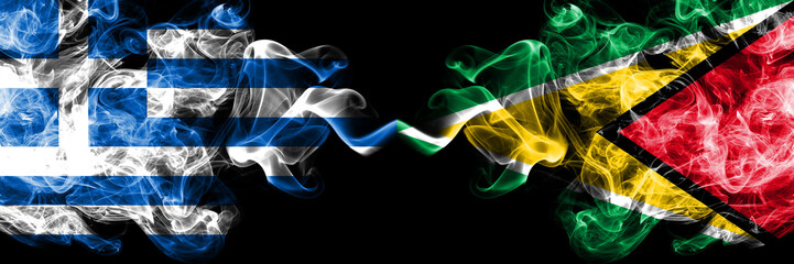 Greece vs Guyana, Guyanese smoky mystic flags placed side by side. Thick colored silky abstract smoke flags.