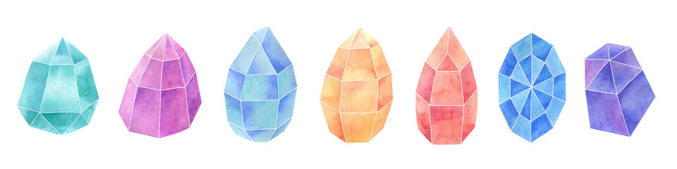 А watercolor illustration a set of seven multicolored
lovely crystals on white background
