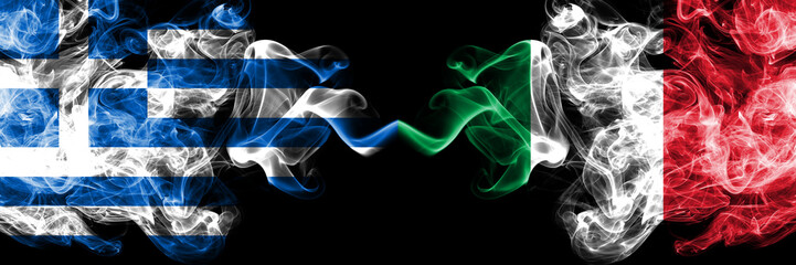 Greece vs Italy, Italian smoky mystic flags placed side by side. Thick colored silky abstract smoke flags.