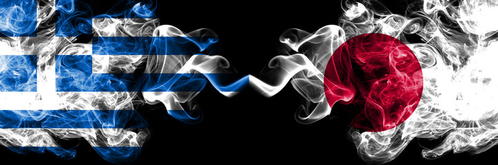 Greece vs Japan, Japanese smoky mystic flags placed side by side. Thick colored silky abstract smoke flags.