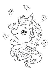 Cute little unicorn with butterflies coloring page. Black and white cartoon illustration