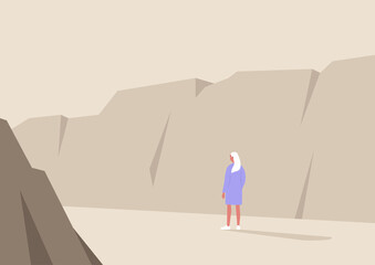 Obraz premium Young female character hiking in wild nature, canyon landscape, travel scene, national park