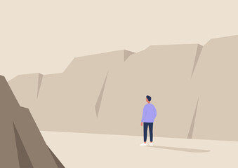 Obraz premium Young male character hiking in wild nature, canyon landscape, travel scene, national park