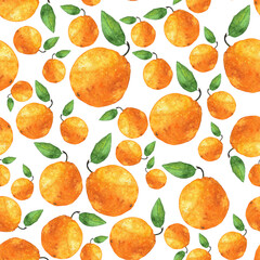 Seamless pattern of fresh orange fruit on white background. Watercolor hand drawn illustration of bright summer food design. Perfect for wallpaper, digital paper, textile, print.