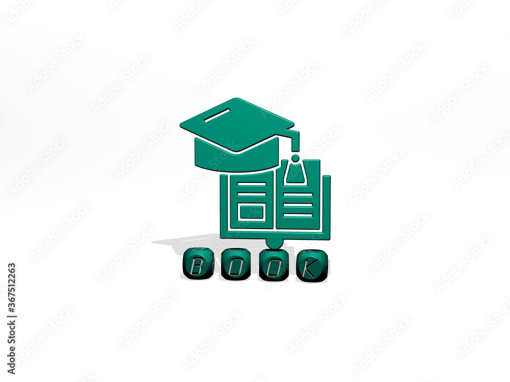 Poster 3d representation of book with icon on the wall and text arranged by metallic cubic letters on a mir