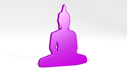 Buddha stand with shadow. 3D illustration of metallic sculpture over a white background with mild texture. asia and temple
