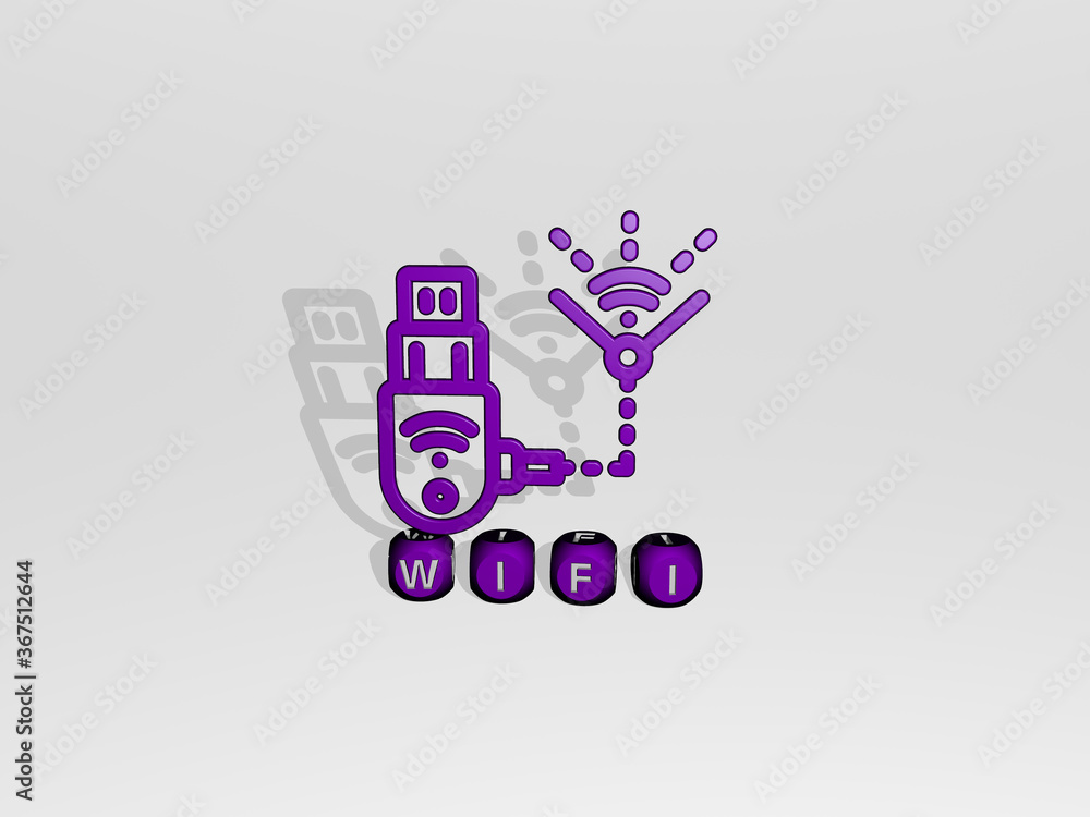 Fototapete 3d illustration of wifi graphics and text made by metallic dice letters for the related meanings of 