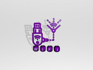 3D illustration of wifi graphics and text made by metallic dice letters for the related meanings of the concept and presentations. icon and internet