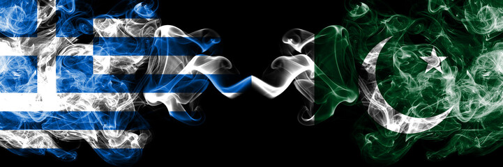 Greece vs Pakistan, Pakistani smoky mystic flags placed side by side. Thick colored silky abstract smoke flags.