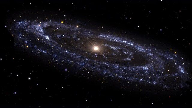 3D Animation: Dolly push forward Andromeda spiral galaxy on starry background from real NASA images