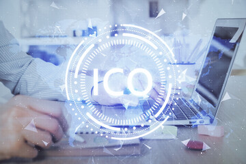 Blockchain theme hud with man working on computer on background. Concept of crypto chain. Double exposure.