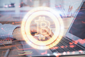 Blockchain theme hud with businessman working on computer on background. Concept of crypto chain....