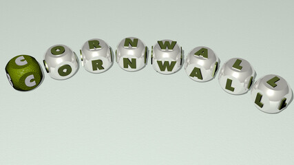 crosswords of CORNWALL arranged by cubic letters on a mirror floor, concept meaning and presentation. england and coast