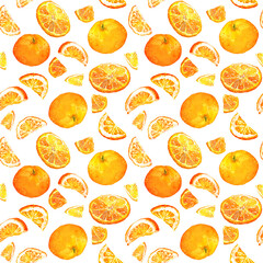 Bright pattern with oranges - whole and slices. Seamless pattern. Watercolor on white background