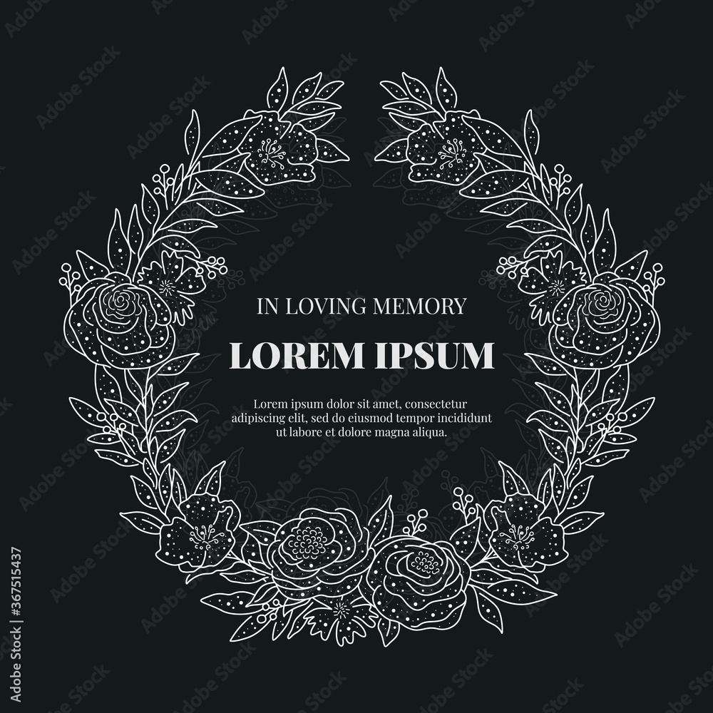 Poster funeral card with text in abstract line floral circle wreath elegant style on black background vecto