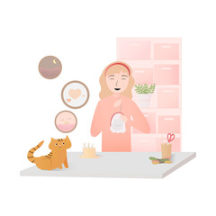 Handmade workshop, cute woman embroidering on canvas, cat sitting on the table, indoor hobby, needlework craft, concept for master class