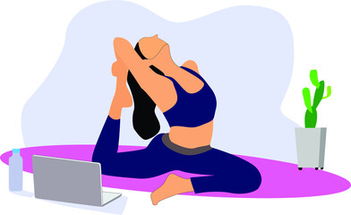 a woman doing yoga exercise while quarantine at home by watching the video tutorial. basic yoga / fitness / gym movements