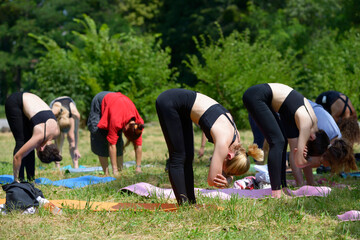 Group of young women doing morning exercises at a city park