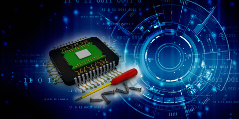 3d rendering microchips with screwdriver and screw

