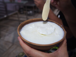 A drink that tastes similar to yogurt called Lassie, Varanasi, Uttarpradesh, North India, India