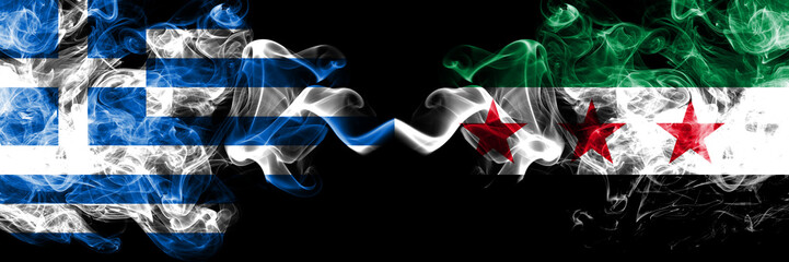 Greece vs Syria, Syrian Arab Republic, opposition smoky mystic flags placed side by side. Thick colored silky abstract smoke flags.
