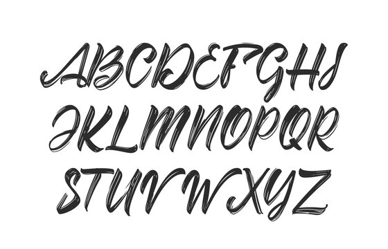 Brush font. Handwritten English Abc alphabet on white background.