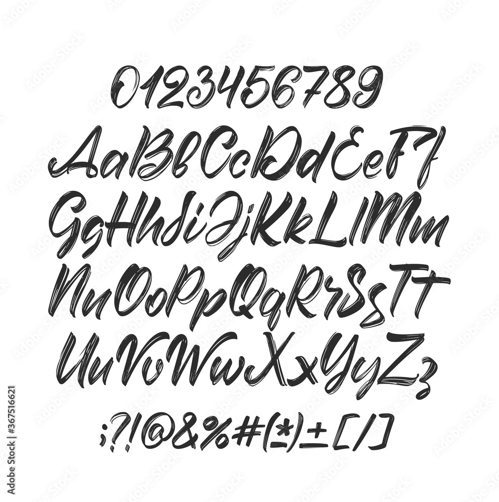 Wall mural vector cursive handwritten brush font. english abc alphabet with punctuation and numbers on white ba