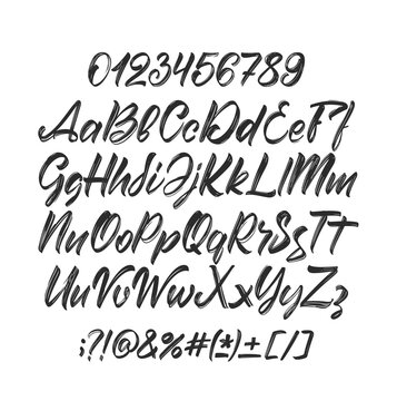 Vector Cursive Handwritten brush font. English Abc alphabet with punctuation and numbers on white background.