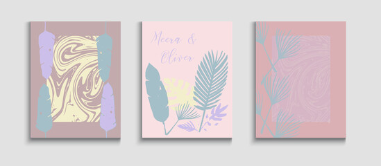 Abstract Vintage Vector Banners Set. Tie-Dye, Tropical Leaves Covers. 