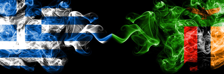 Greece vs Zambia, Zambian smoky mystic flags placed side by side. Thick colored silky abstract smoke flags.