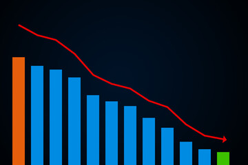 Stock market coronavirus impact in 2020 abstract financial chart with downtrend graph and economic crisis bar chart on blue color background.	