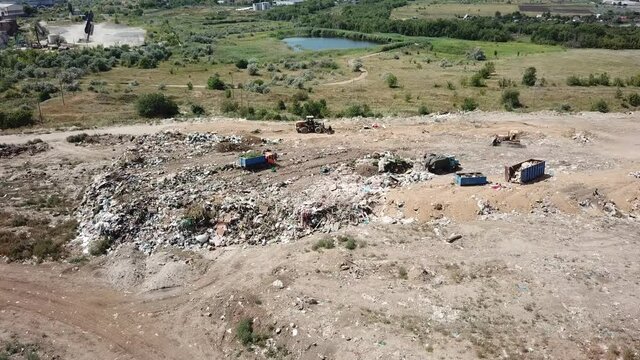 Garbage Truck In A Landfill. Huge City Dump, Top View.