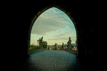 Pedestrians only Charles Bridge (a.k.a. Stone Bridge, Kamenny most, Prague Bridge, Prazhski most) over Vltava river in Prague, Czech Republic.