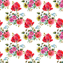  Seamless pattern for fabric. Delicate bouquet flowers on white background. Watercolor branch flowers with leaves. 