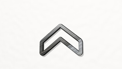 ARROW BUTTON UP on the wall. 3D illustration of metallic sculpture over a white background with mild texture. icon and design