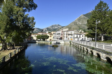 View of the small lake in the public park of Venafro, a medieval village in the Molise region.
