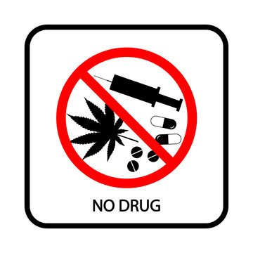 Set of different types of drugs. Sign prohibiting the use of drugs. Vector picture. Can be used for public places. Set: syringe, pills, marijuana.