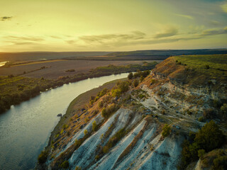 Magestic sunset over river. Autumn landscape. Dniester river, Moldova.