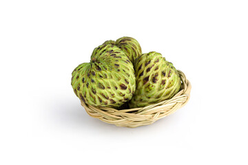 ripe custard apple fruit with leaf isolated on white background
