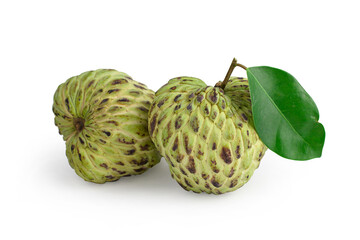 ripe custard apple fruit with leaf isolated on white background