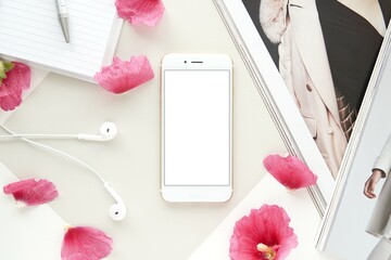 Empty smartphone screen mockup for feminine social media post, blog, online shop, flatly with...