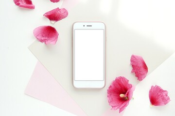 Phone screen mockup to display fashion, beauty blog, social media post, screen background, flat lay with pink flowers.