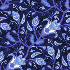 Persian flowers and leaves seamless pattern. Floral paisley folck vector background using boteh or buta. Fantasy decorative repeating tiles. Magic night tropical plants. Festivale style.