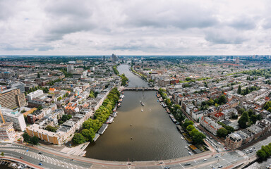 Amsterdam cityscape drone view from above in summer