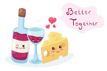 Kawaii vector illustration of Wine Bottle with Cheese lettering isolated on white background. Cute funny & happy food characters. Cartoon smiling food mascot for winery, cafe menu decoration.