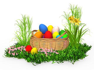 3d Korb mit bunten Eiern auf einer Wiese mit Blumen, freigestellt