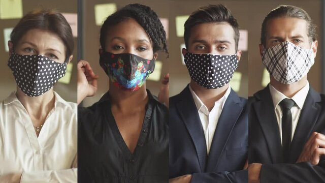 International business meeting, managers in suit stands in conference room, peoples puts on a cloth masks to protect himself from the pandemic and looks at the camera, serious look, split screen.