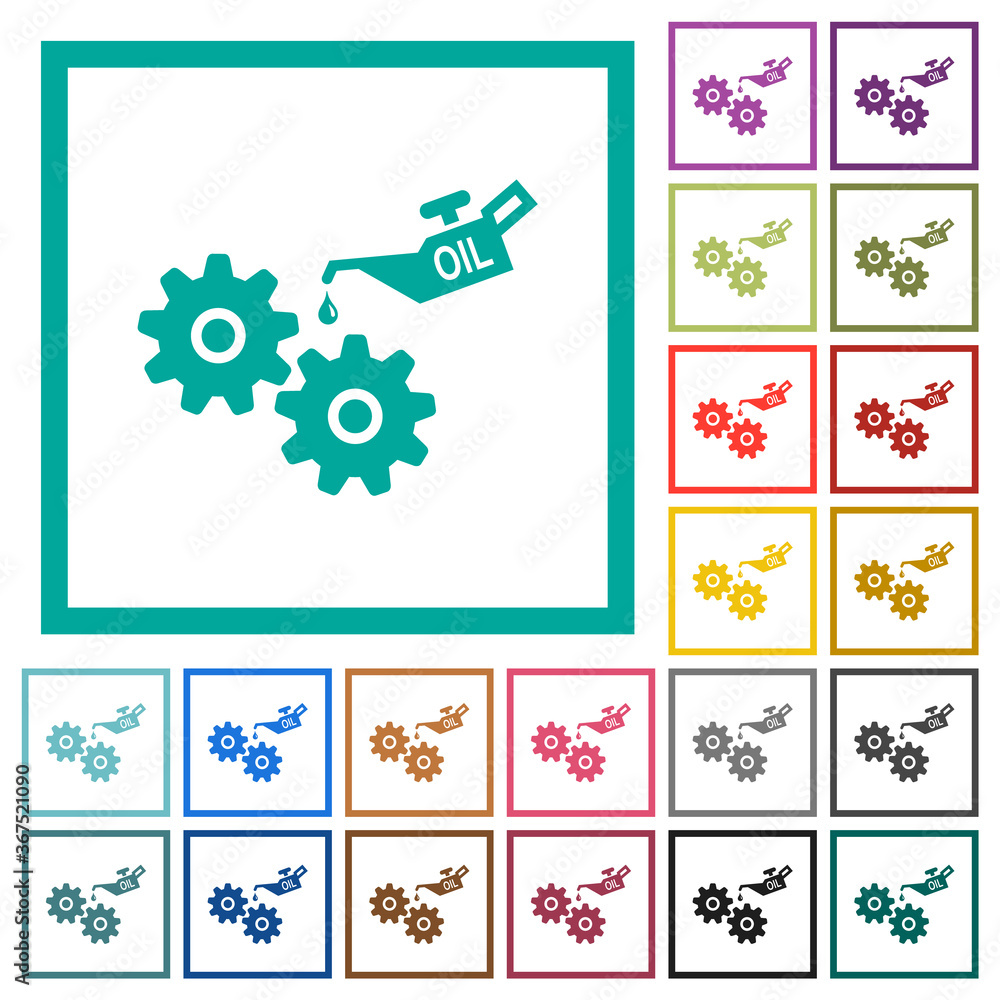 Poster oiler can and gears flat color icons with quadrant frames
